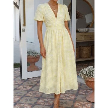 Elegant V-Neck Ruched Waist Resort Seersucker Puff Sleeve Midi Dress