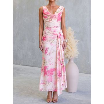 Watercolor Floral Cowl Neck Sleeveless Waist Tie Resort Mesh Midi D…