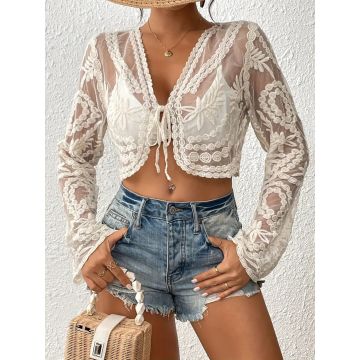Exquisite Tie Front Sleeved Embroidered Lace Beach Crop Cover-Up