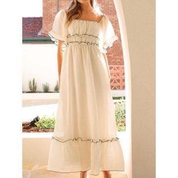 Dreamy Square Neck Contrast Ruffle Resort Puff Sleeve Midi Dress