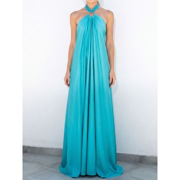 Flowy O Ring Halter Tie Backless Oversized Resort Satin Maxi Dress