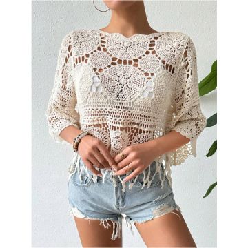 Relaxed Scalloped Neck Elbow Sleeve Fringe Crochet Knit Cover-Up Top