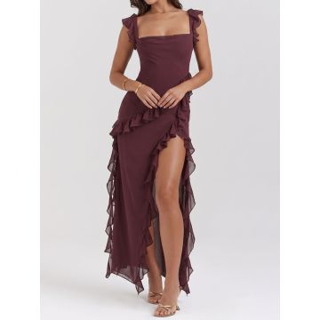 Flowy Ruffled Square Neck Sleeveless High Slit Sleeveless Midi Dress