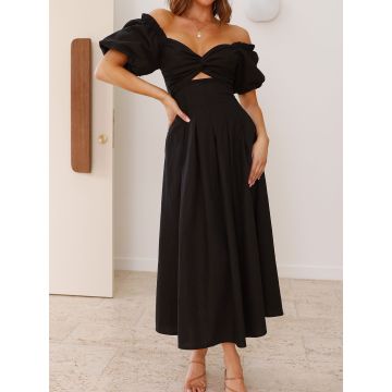 Resort Twist V-Neck Cutout Pocket Puff Sleeve Midi Dress