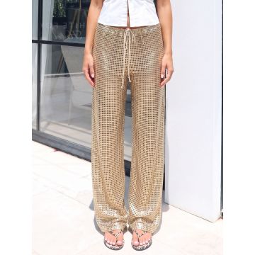 Sparkly Metallic Drawstring Tie Low Waist Wide Leg Resort Pants