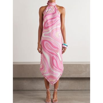 Asymmetric Scarf Satin Backless Resort Halter Midi Dress