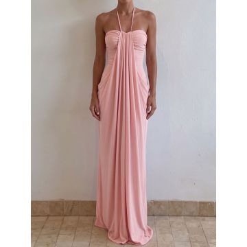 Effortless Chic Halter Tie Column Resort Draped Ruched Maxi Dress
