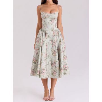 Romantic Floral Bustier Corset Ruched Drop Waist Resort Slip Midi D…