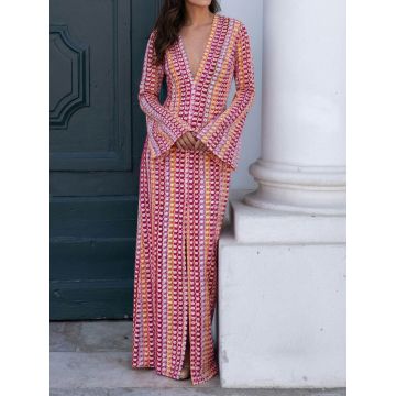 Resort Scalloped V-Neck Bell Sleeve Crochet Knit Maxi Dress