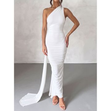 Flattering Backless Draped O Ring One Shoulder Ruched Fishtail Maxi…