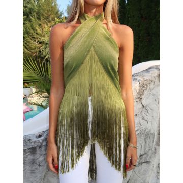 Sparkly Lurex Wrap Front Halter Tie Resort Asymmetrical Fringe Top